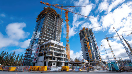 A vibrant urban construction site featuring modern high-rise buildings in progress, with tower cranes and clear blue skies, showcasing dynamic development.の素材