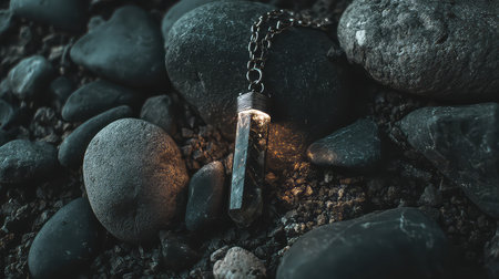 This stunning crystal pendant necklace rests elegantly among natural stones, creating a captivating display of textures and earthy tones in soft illumination.の素材
