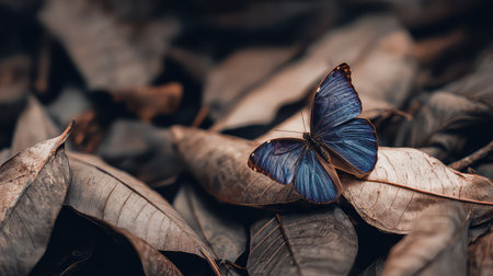 A stunning blue butterfly perches gracefully on a bed of dry leaves, showcasing its intricate wings. This serene scene highlights the beauty of nature and wildlife.の素材
