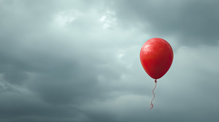 A striking red balloon floats gracefully against a backdrop of dark, ominous clouds, evoking emotions of nostalgia and freedom in a beautifully serene moment.の素材