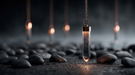 Captivating image of elegant glass pendulums suspended above smooth, dark stones, illuminated softly in a tranquil and mysterious setting, evoking serenity.の素材