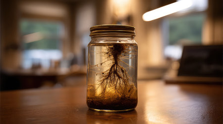 This captivating image features a glass jar filled with intricate roots submerged in a liquid substance, set against a cozy studio backdrop.の素材