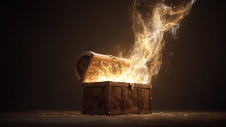 A captivating image of an ancient treasure chest, glowing with magical light and sparks, evoking feelings of mystery and adventure in fantasy realms.の素材