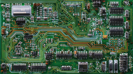 This image showcases a detailed close-up of a complex electronic circuit board, highlighting the intricate traces, components, and solder joints that illustrate technology innovation.の素材