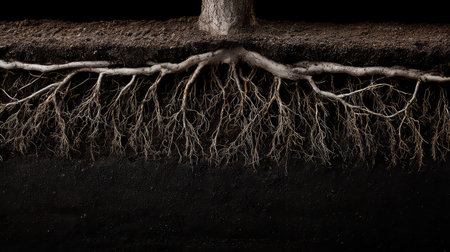 This close-up image captures the intricate network of tree roots buried in rich dark soil, showcasing the essential role of roots in sustaining plant life and the environment.の素材