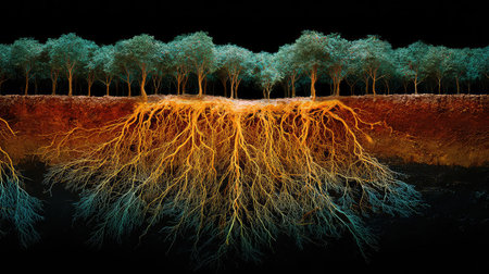 Explore a stunning underground view showcasing vibrant tree roots intertwining with the soil, revealing a complex network of life and natural beauty.の素材