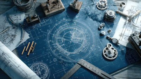 An artistic arrangement of intricate blueprints and mechanical components displayed on a wooden table, showcasing design and engineering creativity.の素材