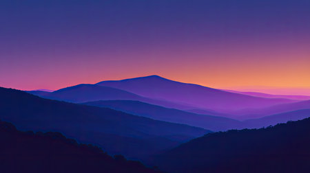 A tranquil scene of a sunrise casting a palette of purple and orange hues over rolling mountains. The soft silhouettes create a serene atmosphere, ideal for nature lovers.の素材