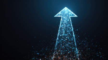 This image features a glowing digital arrow, representing growth and progress against a dark technology background. It symbolizes innovation and direction in modern business.の素材