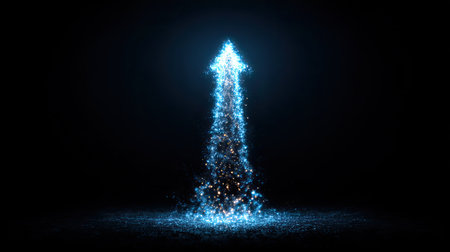 A captivating blue arrow made of sparkling particles rises against a dark background, symbolizing growth, innovation, and forward movement in various contexts.の素材