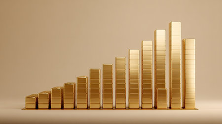 This image illustrates a gold bar growth chart, symbolizing financial success and investment trends in a sleek minimalist style. Perfect for finance-related projects.の素材