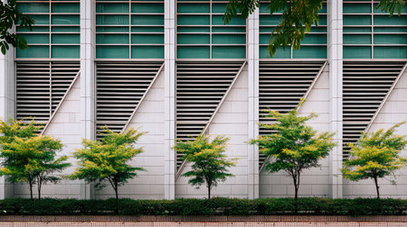 A striking modern building facade showcases geometric lines, complemented by lush green trees, creating a harmonious urban landscape filled with tranquility.の素材