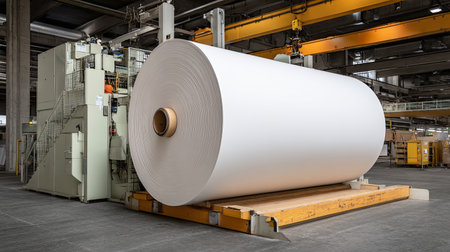 A large roll of pristine white paper sits in an industrial manufacturing facility, surrounded by advanced machinery and spacious warehouse areas.の素材