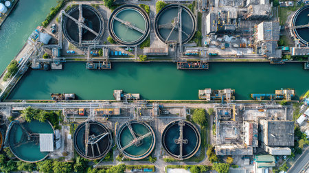 This aerial image captures a wastewater treatment facility featuring several circular tanks surrounded by a waterway, showcasing urban infrastructure and eco-friendly technology.の素材