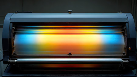 This image showcases a modern printing roller reflecting vibrant light. It captures the essence of advanced technology and creativity in graphic design.の素材