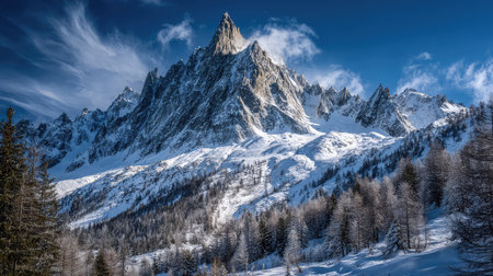 Stunning view of towering mountain peaks blanketed in snow with vivid blue skies and fluffy clouds. The serene landscape invites adventure lovers and nature explorers.の素材