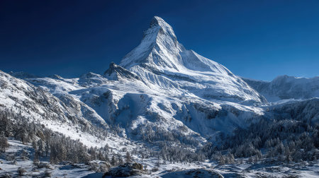 A stunning view of a towering snow-capped mountain peak rises majestically against a clear blue sky, showcasing the beauty of winter nature.の素材