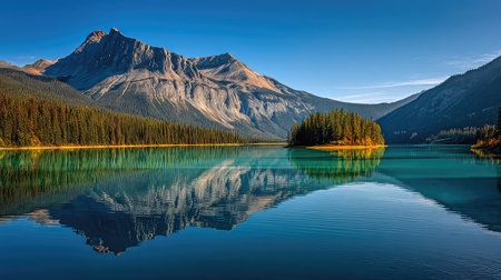 Experience the beauty of nature with a stunning mountain reflection in a tranquil lake, surrounded by lush forests and vibrant blue skies. This serene landscape invites exploration and adventure in the great outdoors.の素材