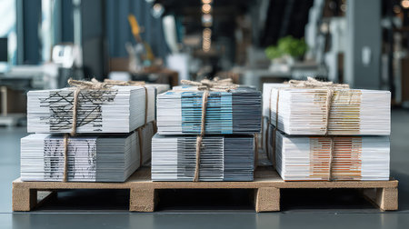 A visually appealing arrangement of stacked magazines with different covers, presented on a wooden pallet in a stylish workspace, showcasing modern design elements.の素材