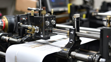 A close-up view of a high-precision printing machine in action in a modern print shop. The machine is printing detailed designs on paper, showcasing advanced technology and industrial craftsmanship.の素材