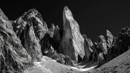 Stunning black and white image capturing rugged mountain peaks towering against a clear sky, showcasing incredible rock formations and dramatic elevations.の素材