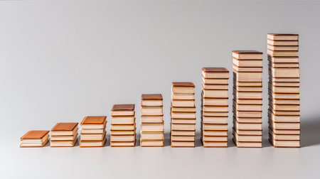 This image features neatly stacked books arranged in an ascending order on a minimalist background, symbolizing growth, knowledge, and educational progress.の素材