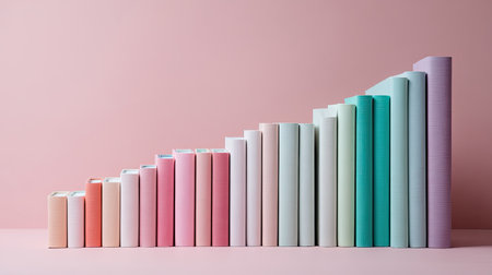 A visually striking arrangement of colorful books in ascending order against a soft pink background, perfect for creative projects and educational themes.の素材