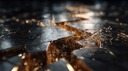 A captivating macro shot featuring a reflective metallic surface with dynamic water splashes. The interplay of light and texture delivers a striking visual experience.の素材