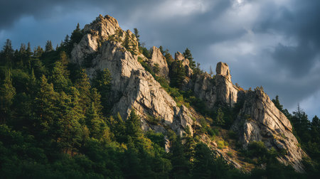 Captivating view of rocky mountain peaks bathed in soft sunlight, surrounded by dense forest under a dynamic cloudy sky, evoking a sense of serenity.の素材