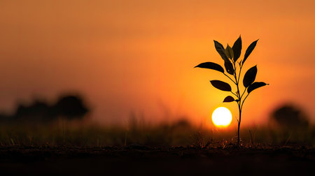 A small green plant emerges from the soil silhouetted against a vibrant sunset, symbolizing hope and renewal in a serene natural environment.の素材