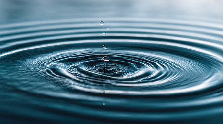 A stunning close-up image capturing the moment a water droplet makes contact with a serene surface, creating beautiful ripples in soothing blue water.の素材