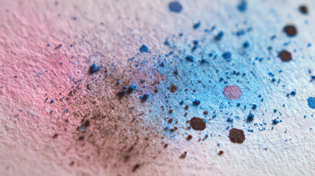 Close-up view of vibrant paint splashes in various colors against a textured white background. Ideal for artistic inspiration and creative projects.の素材