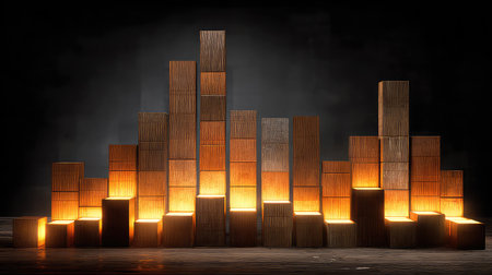 This captivating abstract installation features illuminated wooden blocks arranged in a geometric pattern, creating a stunning contrast against the dark background, perfect for artistic displays.の素材