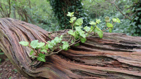 A close-up view of ivy thriving on an aged tree log within a green forest, showcasing the beauty of nature and the harmony between flora and earth.の素材