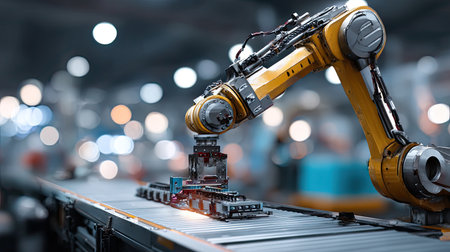 A robotic arm efficiently handles products on a conveyor belt in a modern warehouse. The image captures a high-tech manufacturing environment, showcasing automation and engineering advancements.の素材