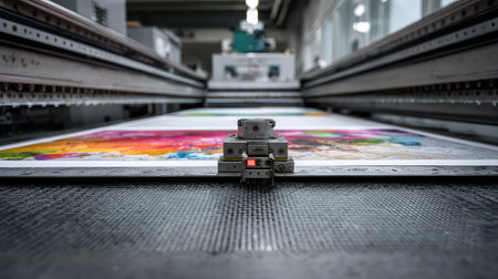A robotic device positioned in front of a large colorful print, showcasing the advanced technology behind modern printing processes in a factory setting.の素材
