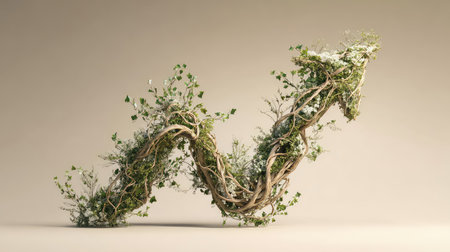 This captivating image showcases twisted green vines and delicate leaves forming an organic shape against a neutral backdrop, representing nature's beauty.の素材