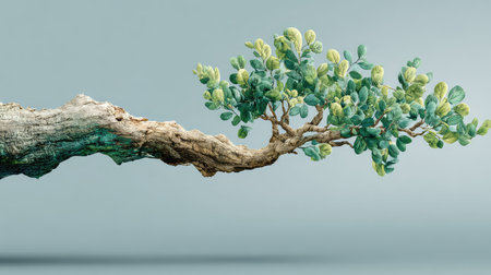This captivating image features a solitary branch adorned with lush green leaves against a soft background, evoking tranquility and natural beauty. Ideal for nature and environmental themes.の素材