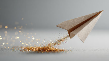 A beautifully crafted paper airplane glides through the air, trailing shimmering golden dust, symbolizing creativity and the spirit of adventure.の素材
