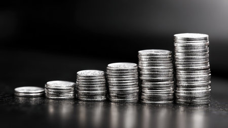 A visually striking image of silver coins stacked in ascending order, symbolizing financial growth and investment strategies on a soft dark backdrop.の素材