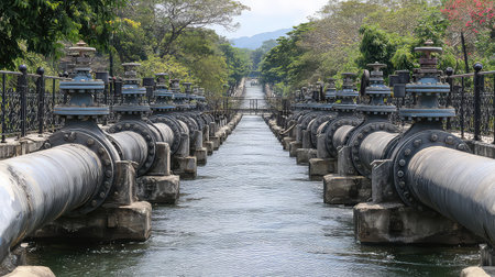 A captivating view of a large industrial water pipe system transporting water through an urban landscape surrounded by greenery and hills.の素材
