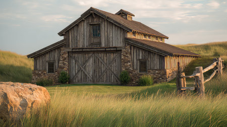 A picturesque rustic barn with a wooden and stone structure sits gracefully amidst lush green grass, embodying tranquility and rural beauty at sunset.の素材