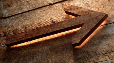 This image features a rustic wooden arrow sign illuminated by warm light, set against a textured wooden background. Ideal for themes of direction, guidance, and craftsmanship.の素材