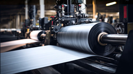 A dynamic view of a modern industrial printing machine at work, showcasing a large roll of paper being processed in a manufacturing environment.の素材
