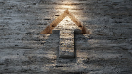 A wooden arrow symbol carved into a rustic background, featuring natural texture and shadow, ideal for directional guidance and creative designs.の素材
