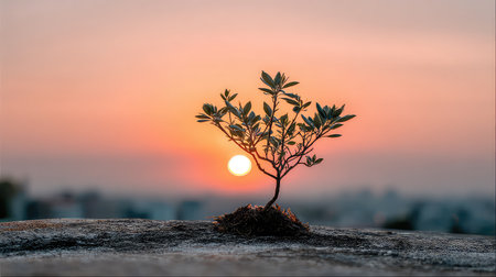 A small green plant thrives on a rocky surface under a vibrant sunset sky. The warm colors evoke feelings of hope and resilience in nature.の素材