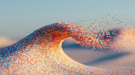 An enchanting display of colorful sand particles resembling a wave, illuminated by soft sunset light, creates a magical and artistic atmosphere.の素材