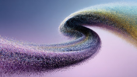 This stunning abstract image showcases a dynamic swirl of colorful particles, creating a captivating wave effect against a soft gradient background.の素材