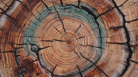 A captivating close-up of a tree trunk section, showcasing intricate patterns and colors in the rings, highlighting the natural beauty and age of the wood.の素材