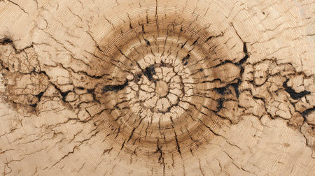 Explore the intricate details of a tree trunk cross section, showcasing natural growth rings and unique wood grain patterns, symbolizing life and history.の素材